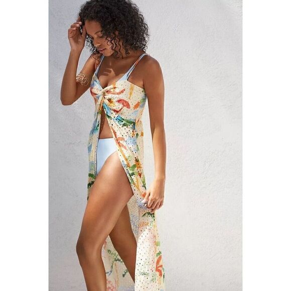 Anthropologie Farm Rio Copacabana Eyelet Dress Cover Up Tropical Midi XS NEW - Picture 5 of 16